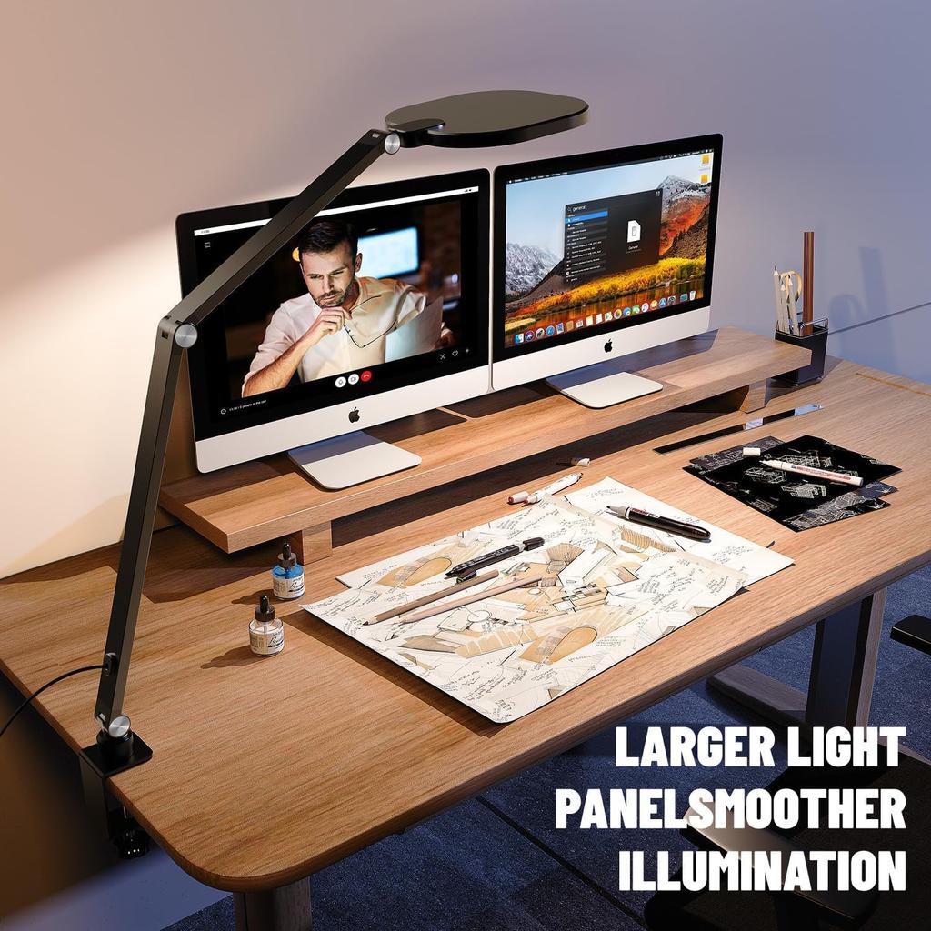 Led Desk Lamps for Home Office, Eye-Care Architect Light with Clamp, Dimmable Zoom Lighting with 3 Color Modes & 10 Brightness, Smart Computer Ring