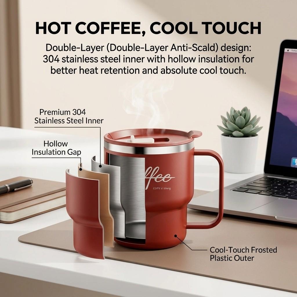 Sealed Thermal Water Cup With Handle Portable 304 Stainless Steel Double Insulated Coffee Mug Travel Office Milk Coffee Cup