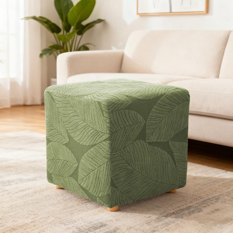 Leaf Jacquard Elastic Square Dust-proof Sofa Footrest Cover Stretch Stripe Slipcover Stool Cover Living Room Office Home Decor