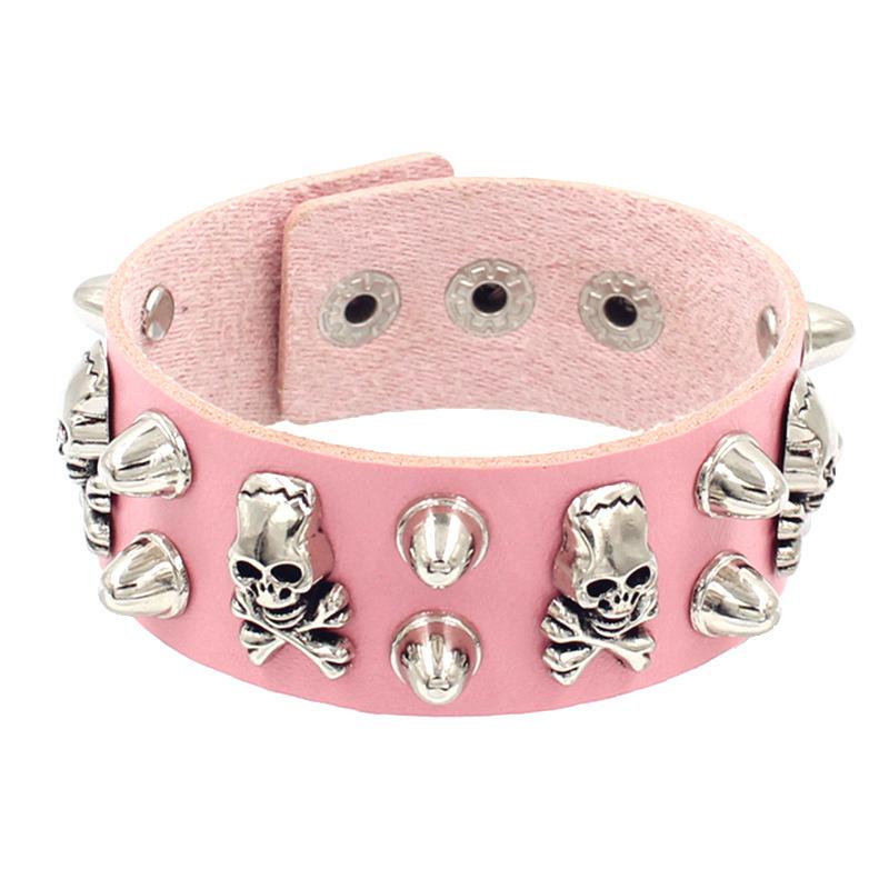 2025 New Pink Red 90s Punk Skull Spot Cuspidal Spike Rivet PU Leather Bracelet For Women Men Gothic Wristband Bangle Jewelry