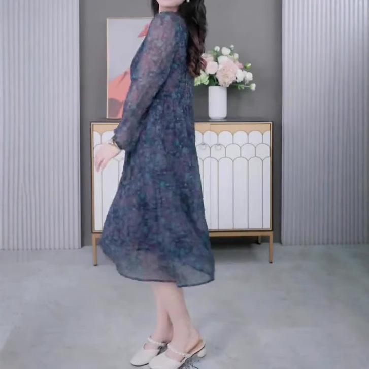 Spring Floral Long Sleeve Chiffon Dress for Middle-Aged Mothers