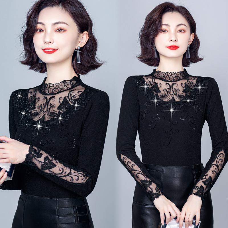New Fashion Half-high Neck Lace Lace Lace Base Shirt for Autumn and Winter, Slim and Slim and Warm Long Sleeves