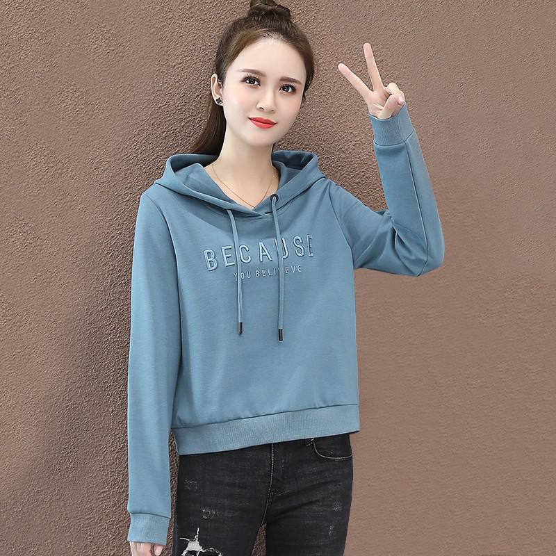 Women's Red Hooded Sweatshirt with Embroidered Letters - Korean Style Casual Petite Short Top for Spring and Autumn