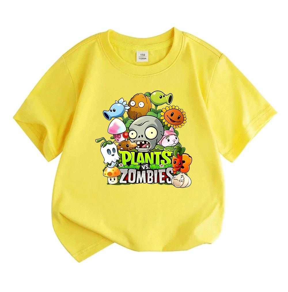 Kinder Jungen Mädchen 100% Baumwolle Kurzarm Rundhals T-Shirt Niedliches Cartoon Pflanzen Zombies Spiel Charakter Muster Lässiges Weiches Atmungsaktives T-Shirt für Kinder