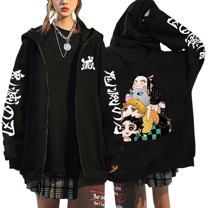 Women's Japanese Retro High Quality Hoodie Harajuku Anime Demon Slayer Printed Zipper Sweatshirt Outerwear Spring Loose Jacket