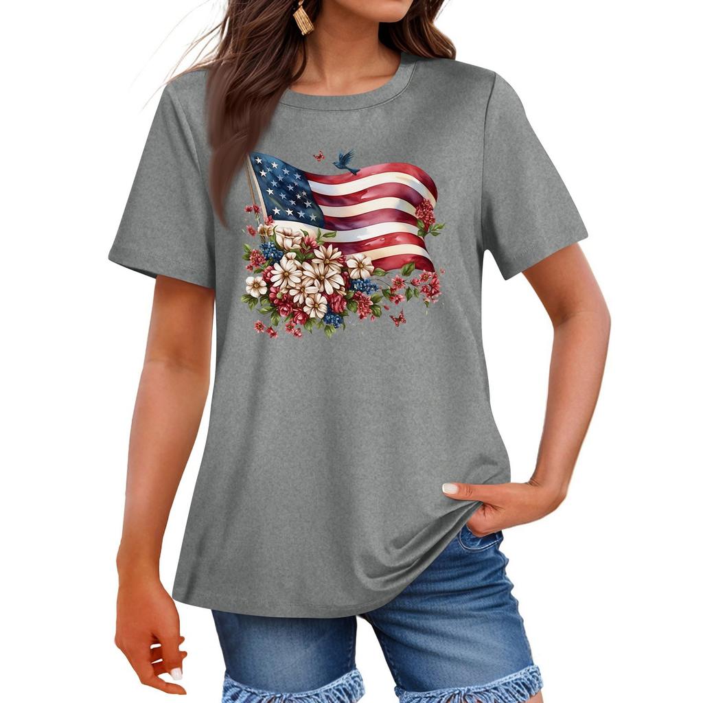Women's Fashion Independence Day  Printed Round Neck Short Sleeved Casual T-shirt Top