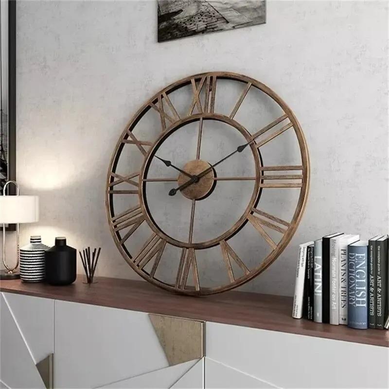 40CM 3D Large Wall Clocks Roman Numerals Retro Round Metal Iron Accurate Silent Nordic Hanging Ornament Living Room Decoration.