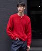 SENTAIR Damaged Cable Henley Neck Knit_Red