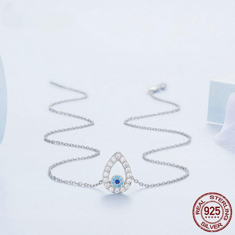 S925 Sterling Silver Water-drop Shape Blue Zircon Devil's Eye Pendant Necklace for Women Classic Neck Chain Jewelry
