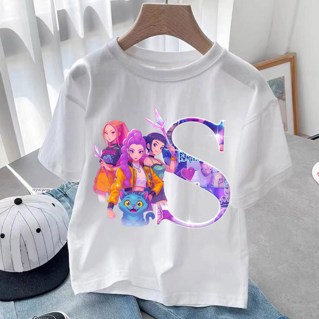 KPop Demon Hunters White T-shirt for Children A-Z Letters Tee Top Cartoon Round Collar Clothes Kids Short Sleeve Clothing Gift