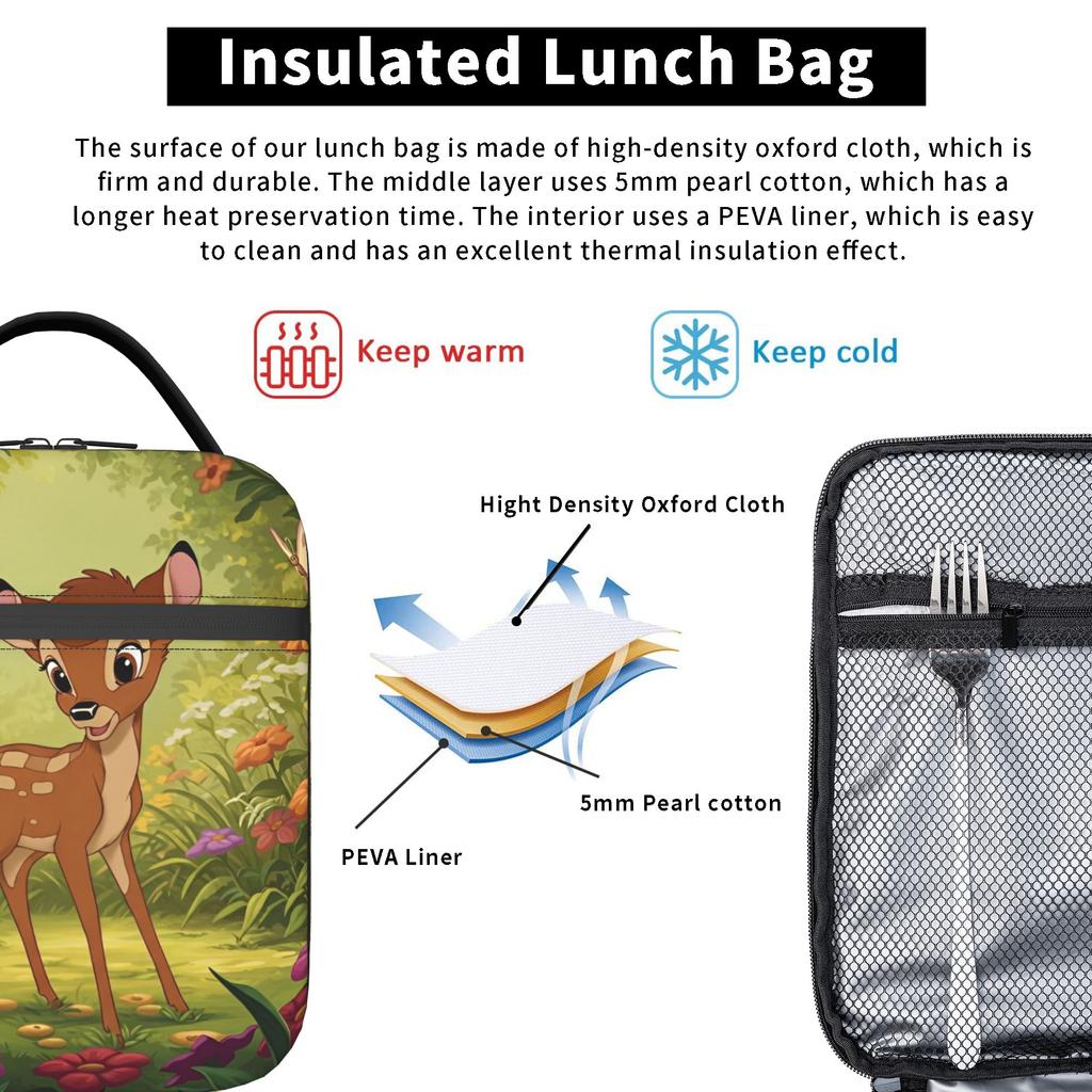 Bambis Deer Cartoon Insulated Lunch Bag Large Meal Container Cooler Bag Tote Lunch Box College Outdoor Men Women