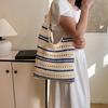 Chic Blue & White Striped Knit Crochet Shoulder Bag Versatile Large Capacity Hollow Out Casual Tote for Women Summer Beach Vacations AVE