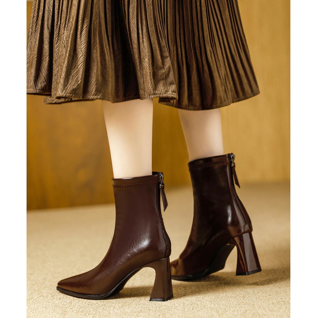High-heeled Short Boots Women's 2025 Autumn and Winter New Maillard Boots Women's Medium Boots Thick-heeled Brown French Short Boots
