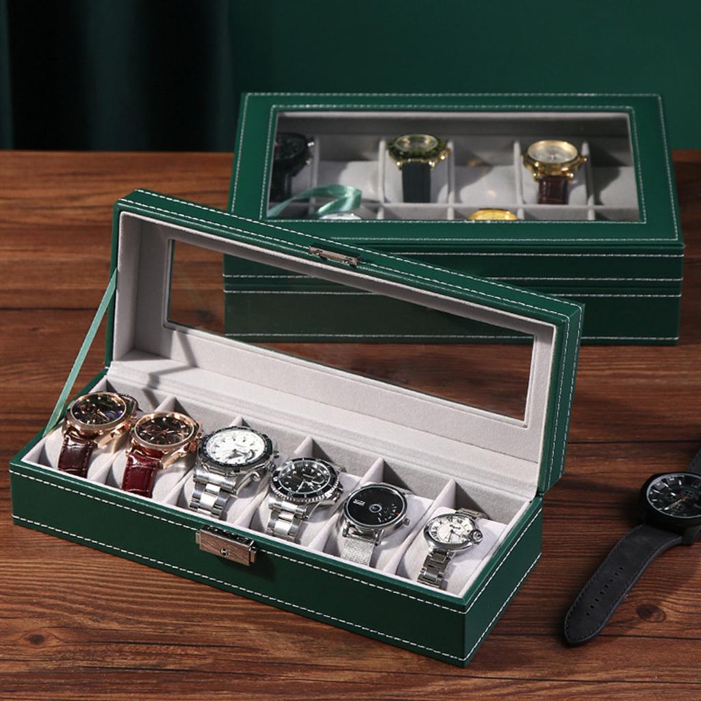 1pc PU Leather Watch Box with Lock, Large Capacity Watch Storage Box, Watch Display Box, with Transparent Cover, Velvet Lining