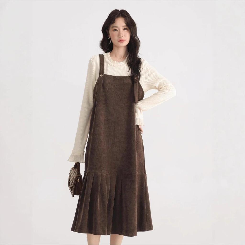 Women's French Corduroy Fishtail Overall Dress - Autumn/Winter Belly Slimming Suspender
