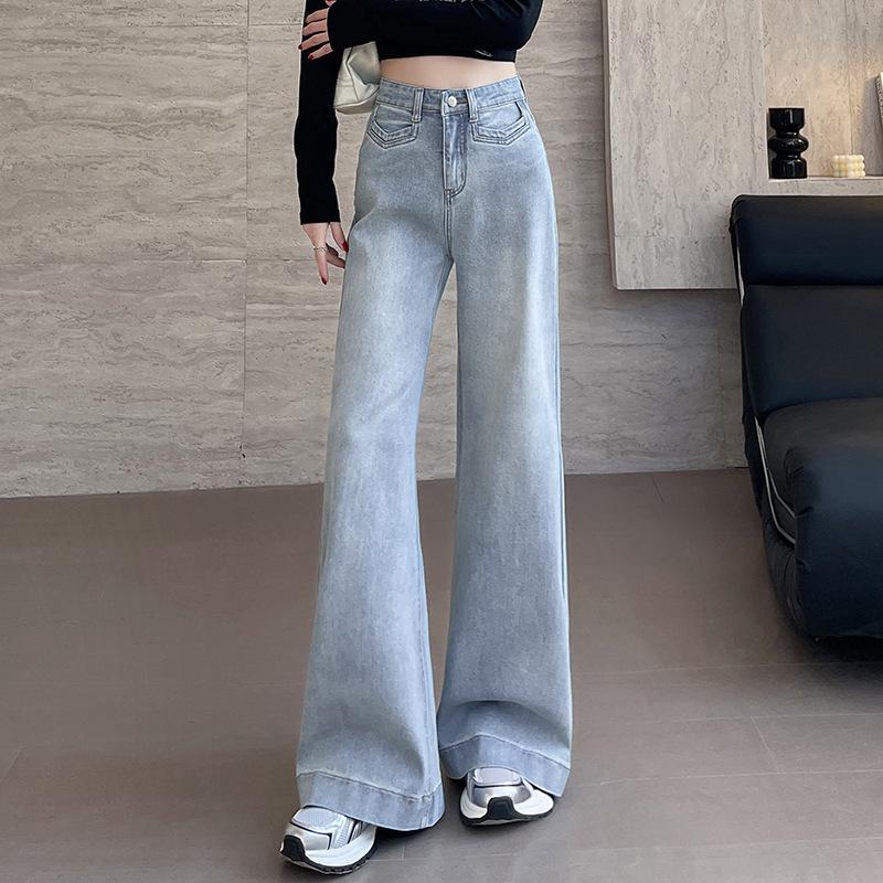 Women's High-Waisted Light Blue Wide-Leg Jeans - Spring/Autumn 2025, Slimming Loose Straight-Leg Floor-Length Pants