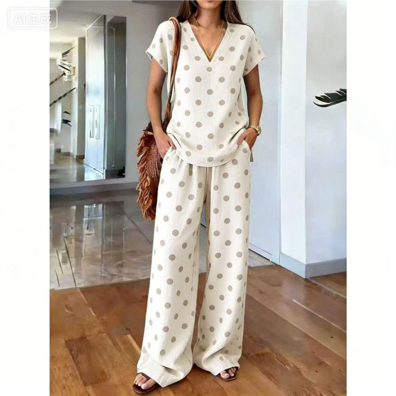 Y1 Summer Loose Vacation V-neck Top Wide-Leg Pants Two-Piece Women's Fashion Western Set