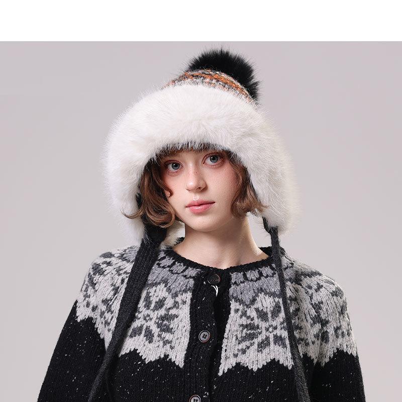 Зимняя Ретро Шапка Вязаная с Большим Меховым Воротником и Меховым Помпоном Женская Уличная Ветрозащитная Шапка для Защиты Лица