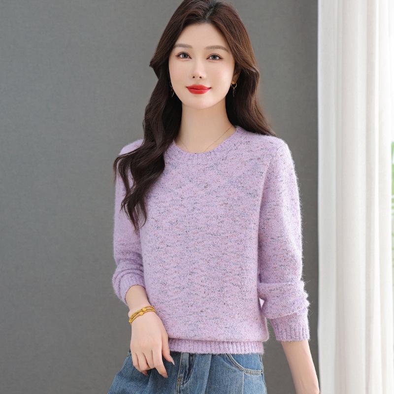 Women's Solid Color Wool Sweater - Autumn/Winter 2025, Round Neck Knitted Top