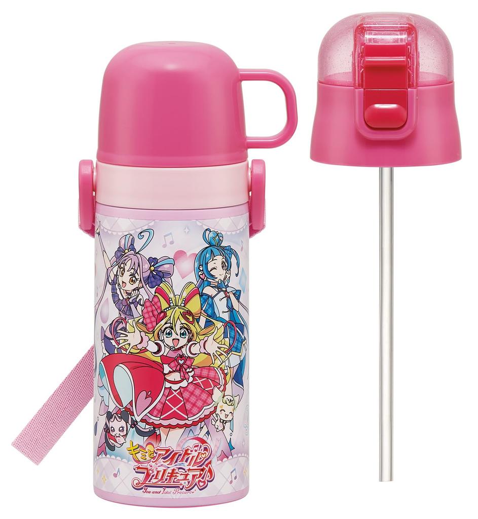 Skater Water Kimi To Idol PreCure Stainless Small Sports Water Children's Bottle, 2-Way, Straw/400ml Capacity, Cup/350ml Capacity, Design, Steel,