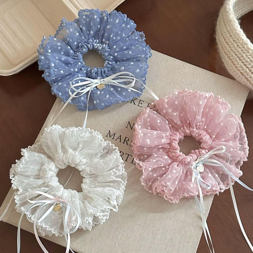 Ribbon Polka Dot Scrunchies Bow Oversized Hair Ropes Korean Pleated Scrunchies  Girls