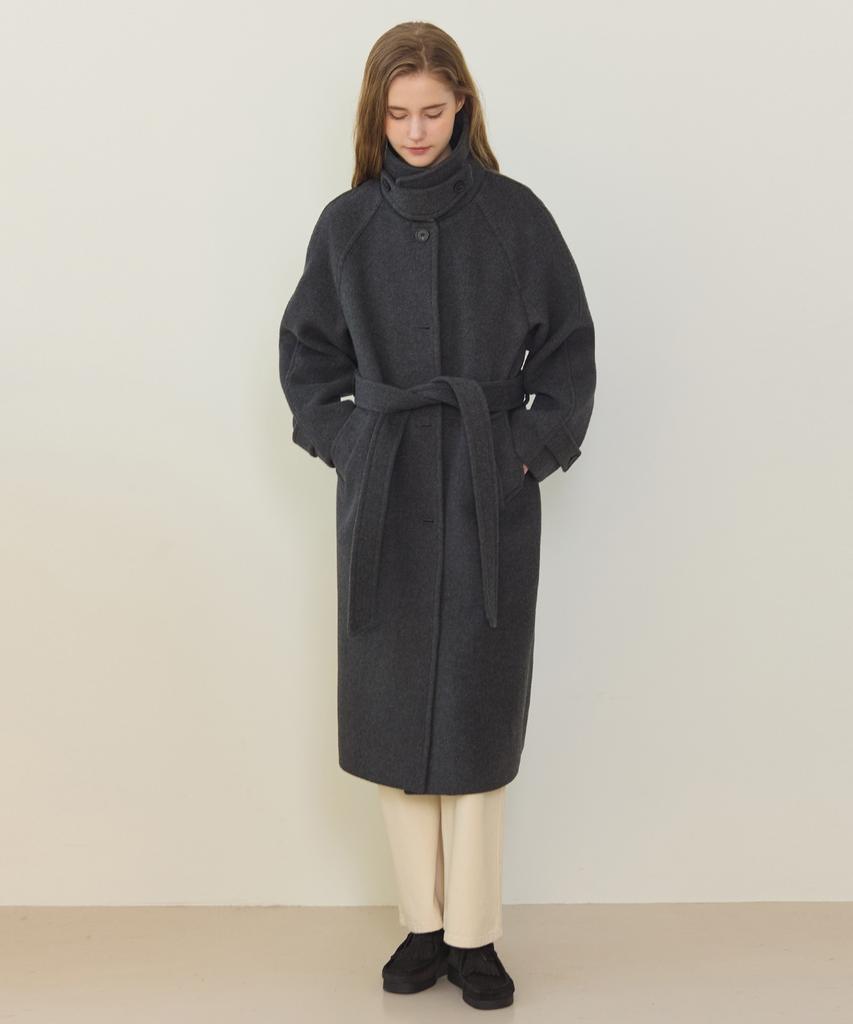 Nonlocal Raglan Belted Wool Long Coat - Charcoal Gray