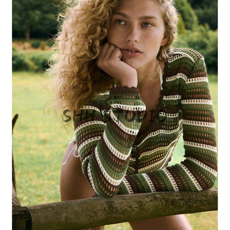 Crochet V-neck Long Sleeve Outerwear 8779620 Lace-up Decoration Fashion Temperament Casual Shorts 8779621