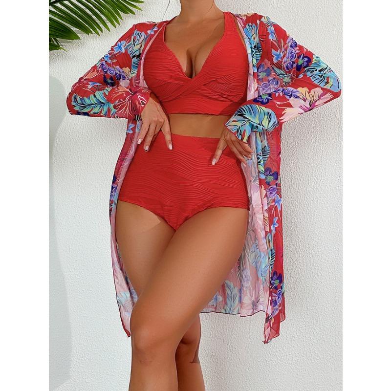 High Waist Textured Bikini Set with Tropical Floral Cover Up