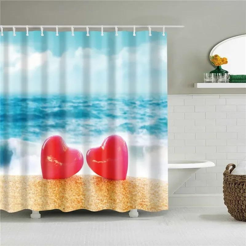 3D Scenic Landscape Seaside Beach Trees Flowers Shell Bath Curtain Shower Curtains for Bathroom Waterproof Polyester Frabic Hook