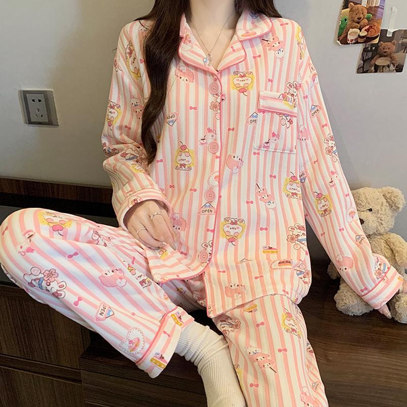Air cotton pajamas women's autumn and winter long sleeves thickened interlayer warm stars cat student loungewear real shot
