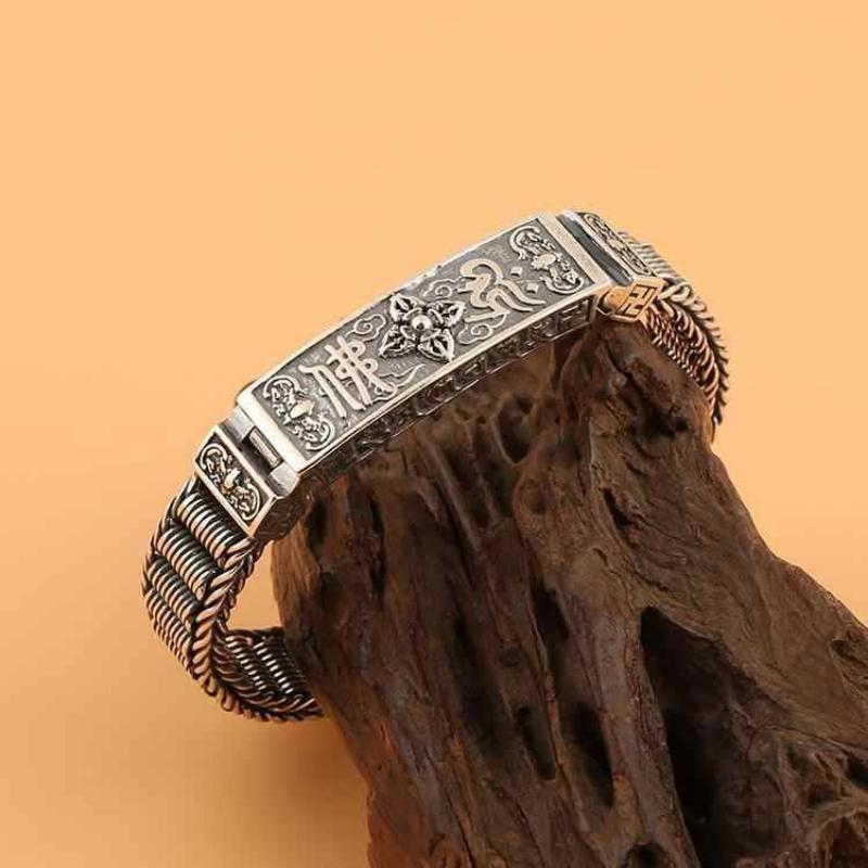 Pulseira Vintage Vintage para Homens com Mostrador de Mantra de Seis Caracteres e Corrente Dominadora com Padrão de Mola