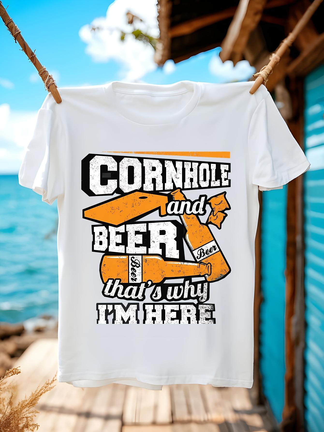 Cotton Crew Neck Tshirt with Cornhole Graphic Print - Cor... M