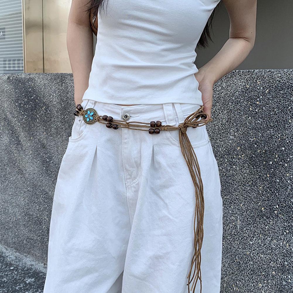 Vintage Boho Braid Belt for Women Girls Bohemian Woven Waist Belts Waistband Wax Rope Jeans Skirt Dress Decorative Tassel Belts