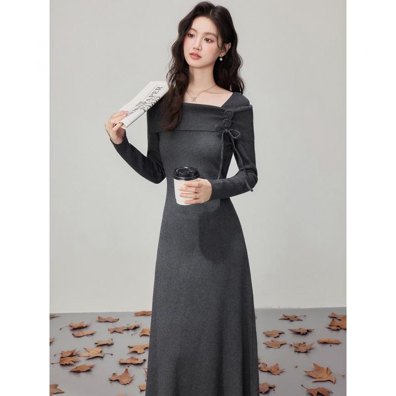 Korean Style Autumn Winter Knit Cinched Waist Slimming Long Dress for Ladies
