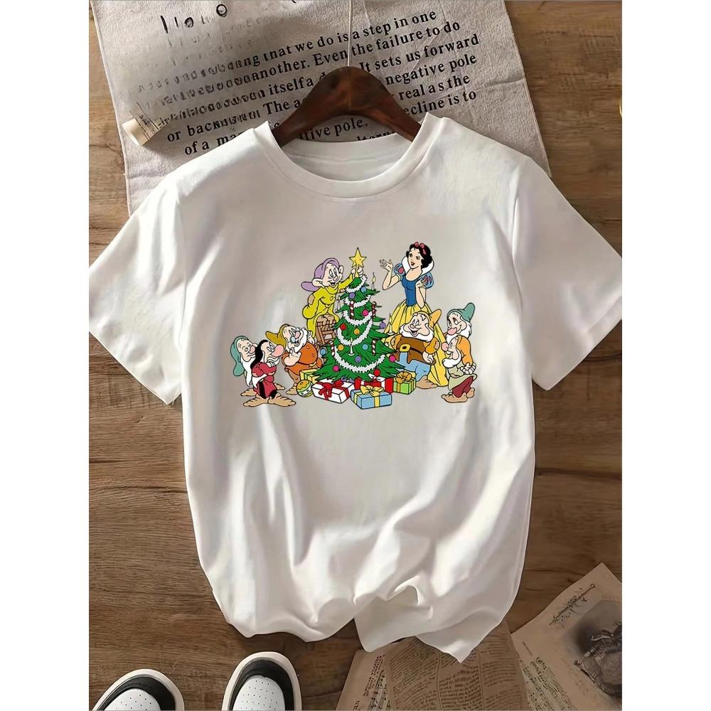 WomenS Snow White  Seven Dwarfs Christmas TShirt Vintage Holiday Graphic Tee with Snow White Dwarfs Tree Comfortable S