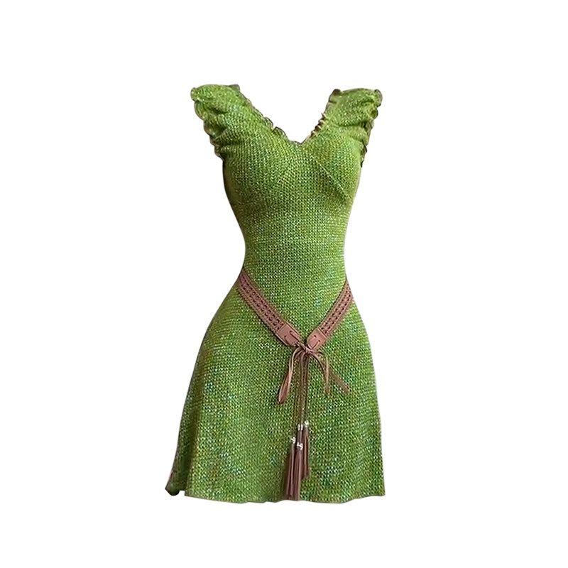 

French-Style Retro V-Neck Sleeveless Dress for Women, Summer Pure and Sexy, Waist-Cinching, Slimming, Off-Shoulder, Two-Way Wear Short Dress Skirt [High Quality] S