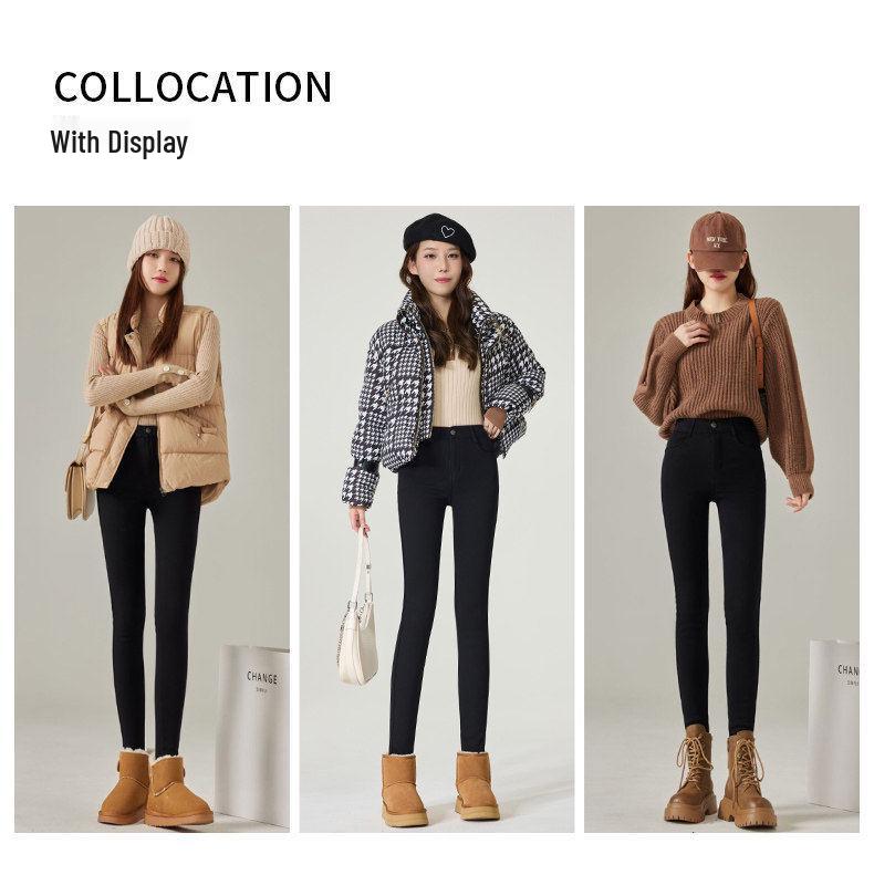 Women's Black Fleece-Lined Thermal Leggings: Warm, High-Waisted, Slim-Fit, Versatile, Thick, Trendy for Autumn/Winter