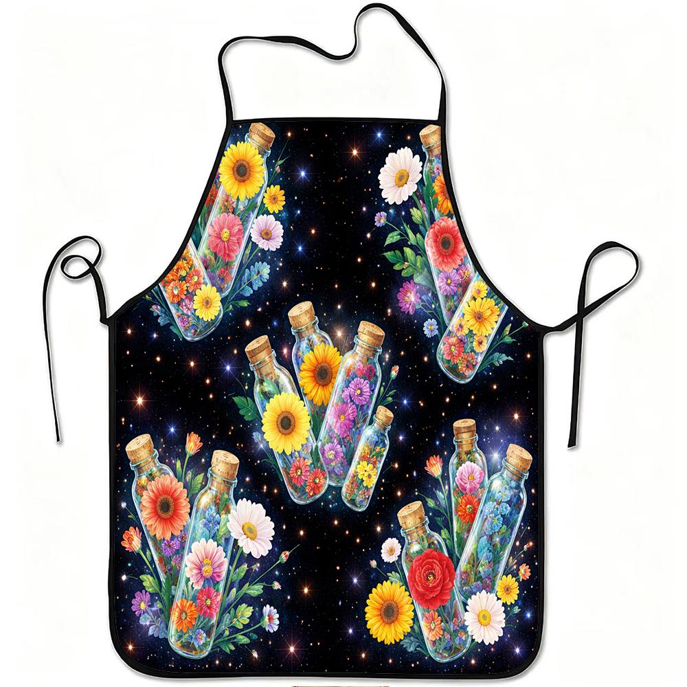 1pc Galaxy Floral Bottle Print Apron, Durable and Easy To Clean, Adjustable Waistband, Polyester Material, for Kitchen Cooking, Gardening, Orchard Pic