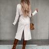 Women's Autumn and Winter Simple Long Sleeve V-Neck Tied Tweed Jacket Top