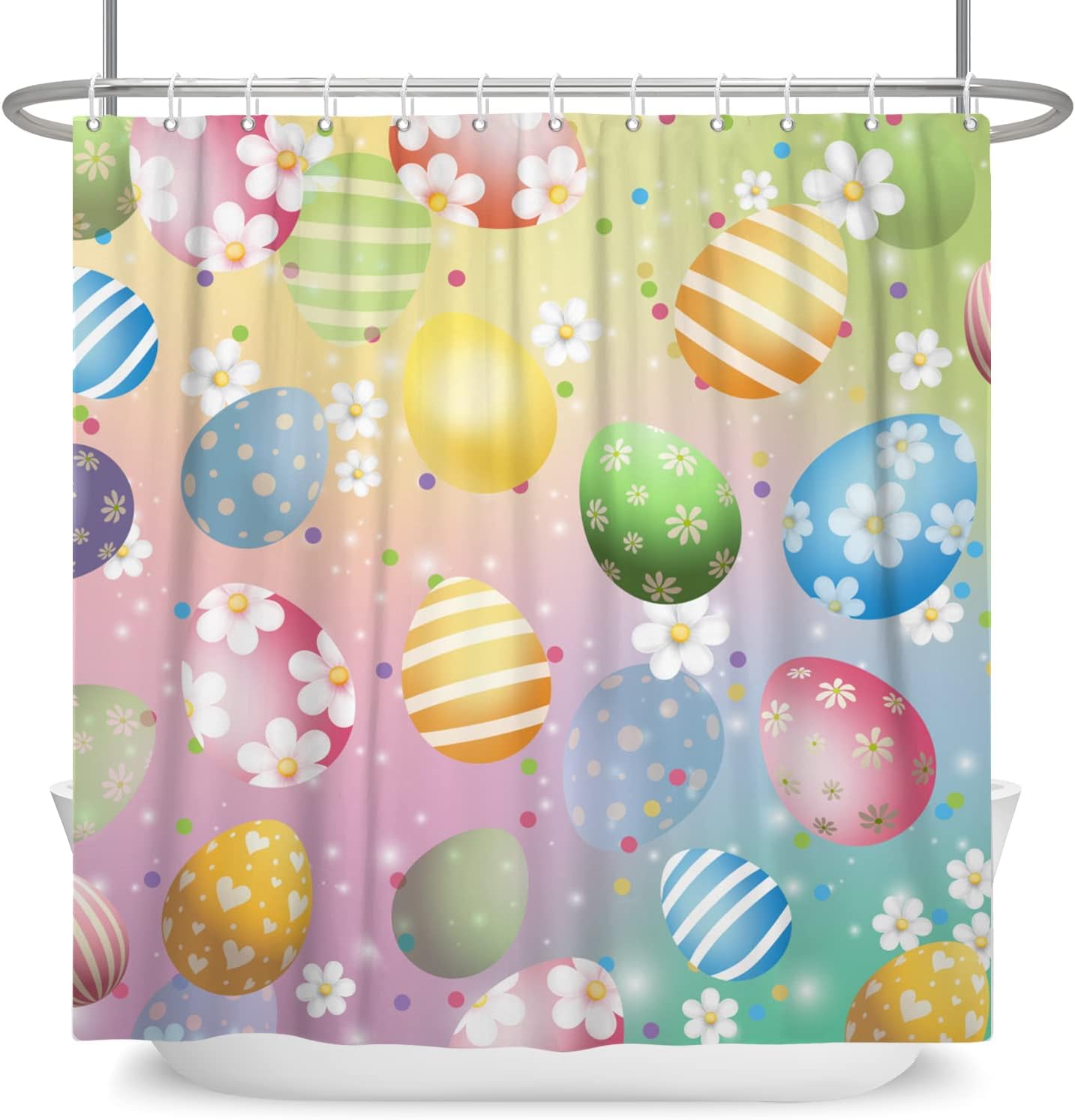 

Easter Shower Curtain,Happy Easter Cute Bunny Funny Rabbit Colorful Wildflowers Spring Floral Bathroom Curtain Waterproof Fabric W60H190(CM)-1 Pcs