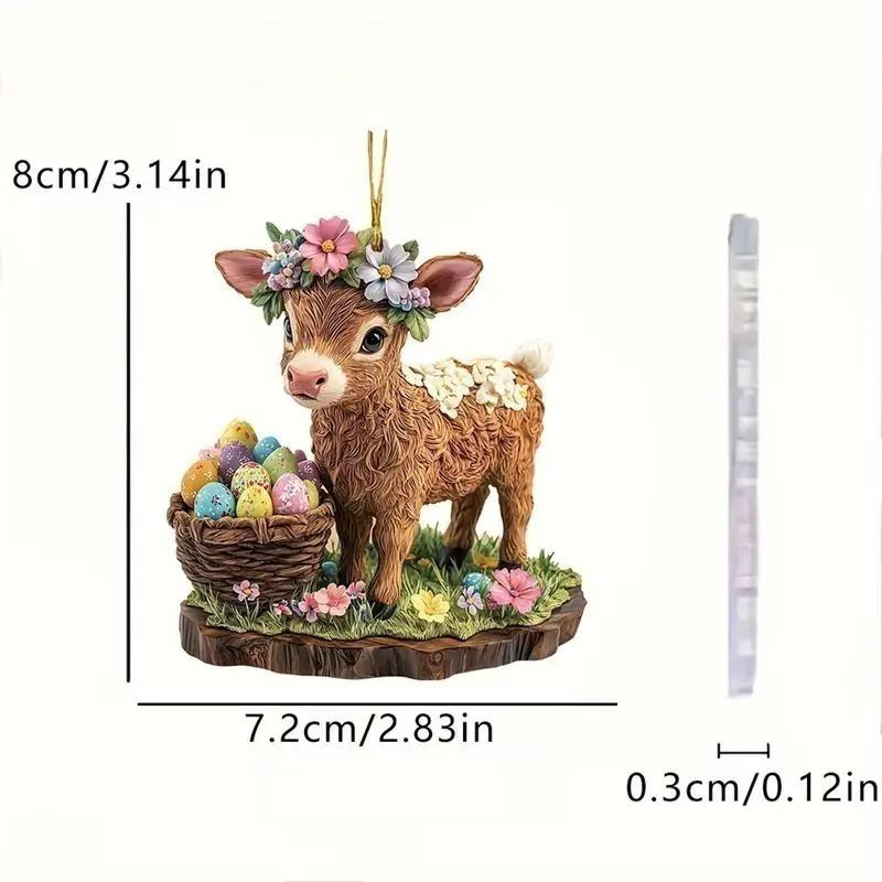 4PCS Holiday Car Hanging Ornament Valentine's Day Acrylic 2D Cartoon Cow and Rabbit Rearview Mirror Decoration Easter Car Charm
