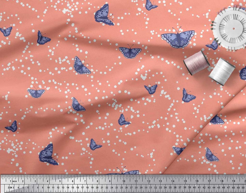 Soimoi Red Japan Crepe Satin Fabric Dot & Butterfly Print Fabric by the metre 42 Inch