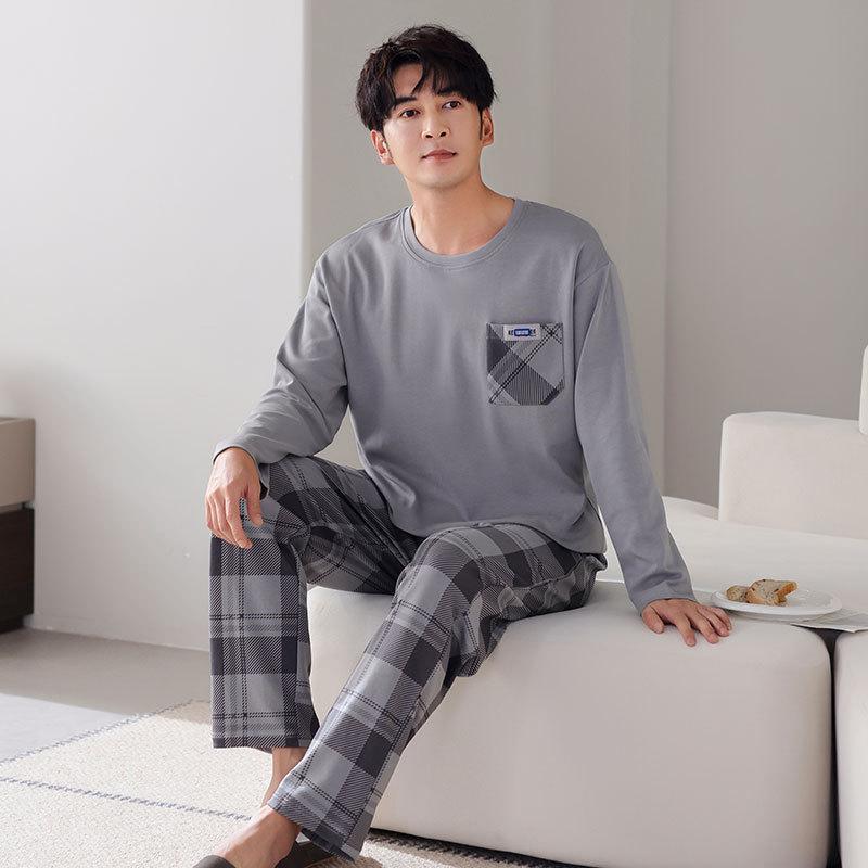 Pajamas Men'S Pure Cotton Long-Sleeved Spring And Autumn Large-Size Pullover Loungewear Can Be Worn Outside Casual Suit