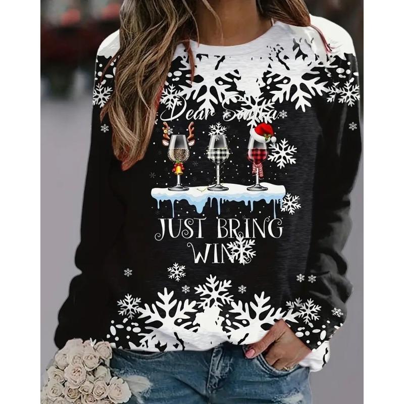 

Christmas Round Neck Long Sleeved Top Comfortable Women s Loose 3D Printed Christmas Snowflake T-shirt 6XL