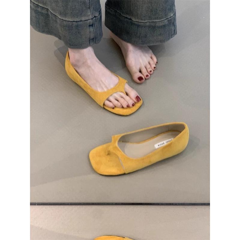 Modne damskie buty płaskie Lato Nowy Styl Okrągły Czubek Płytkie Wycięcie Klapki na Palce Zamsz Krowi Miękka Podeszwa Antypoślizgowe Odporne na Ścieranie Sandały