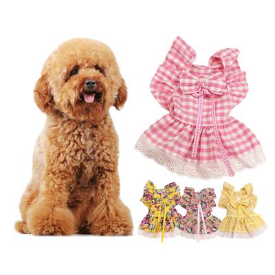 1 Set Pet Princess Dress Lace Patchwork Eye-catching Comfortable Soft Square Collar Dress Up Ruffle Sleeves Plaid Print Puppy Dog