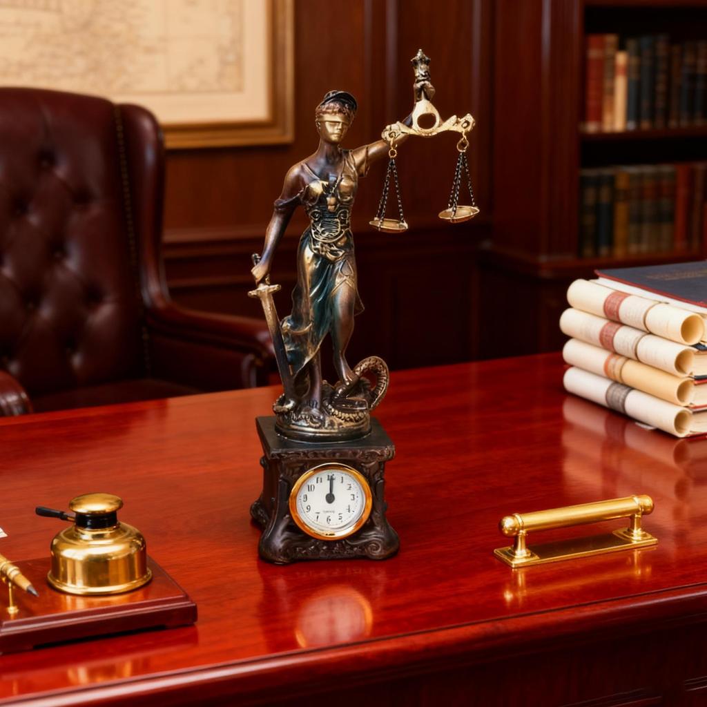 Lady Justice Statue Harzfigur Ornament Mit Uhr Waage der Gerechtigkeit Skulptur Für Zuhause Büro Arbeitszimmer Wohnzimmer Schlafzimmer