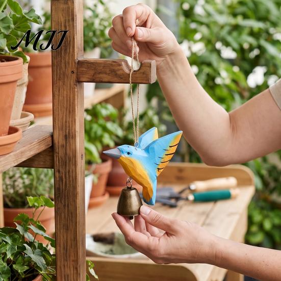 Eco Friendly Hanging Ornament Hand Carved Wooden Bird Wind Chime, Rustic Bell Decor Handmade Hummingbird Chimes with Rope, Wood Pendant for