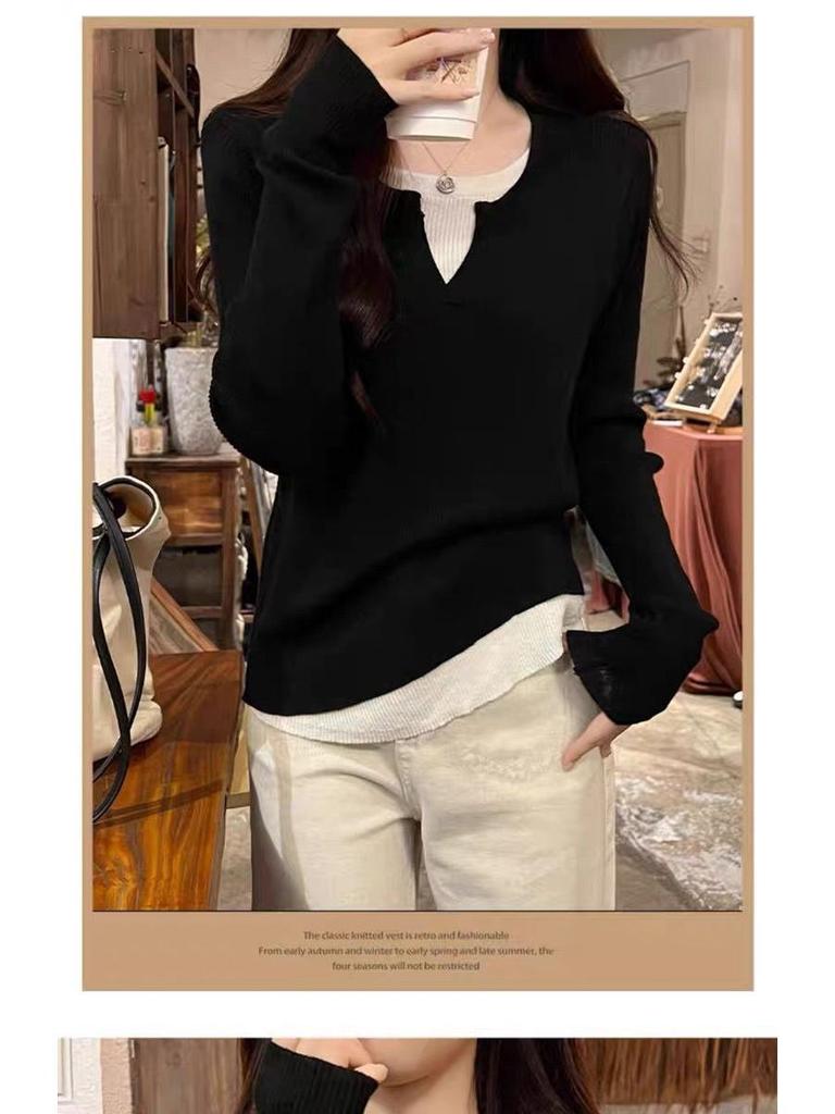 Two-Piece Effect Plus Size Black Long Sleeve T-Shirt - Women's Korean Style Irregular Patchwork Slimming Top