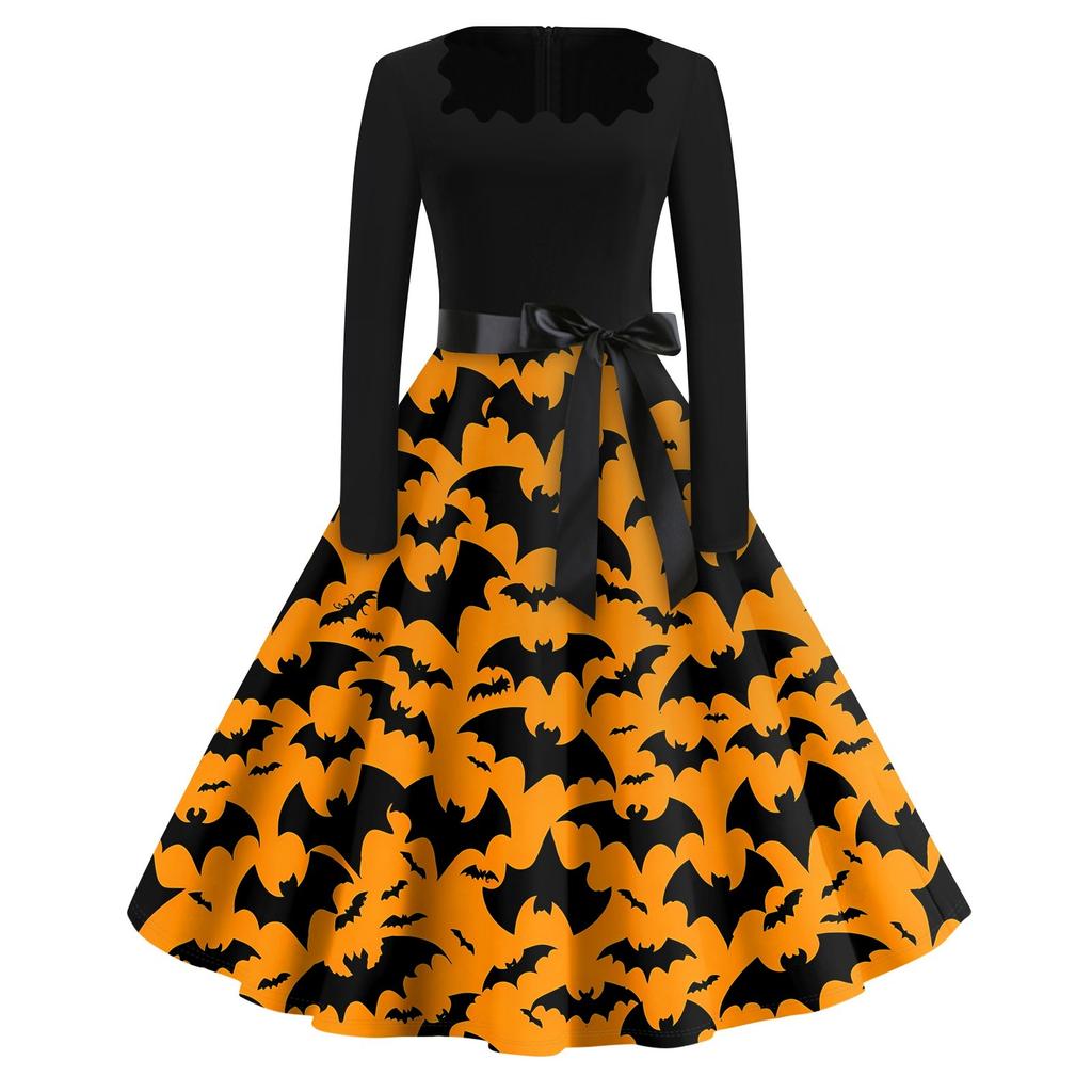 Halloween Print Flare Dress For Women Long Sleeve Dress Hollow Party Casual Dresses